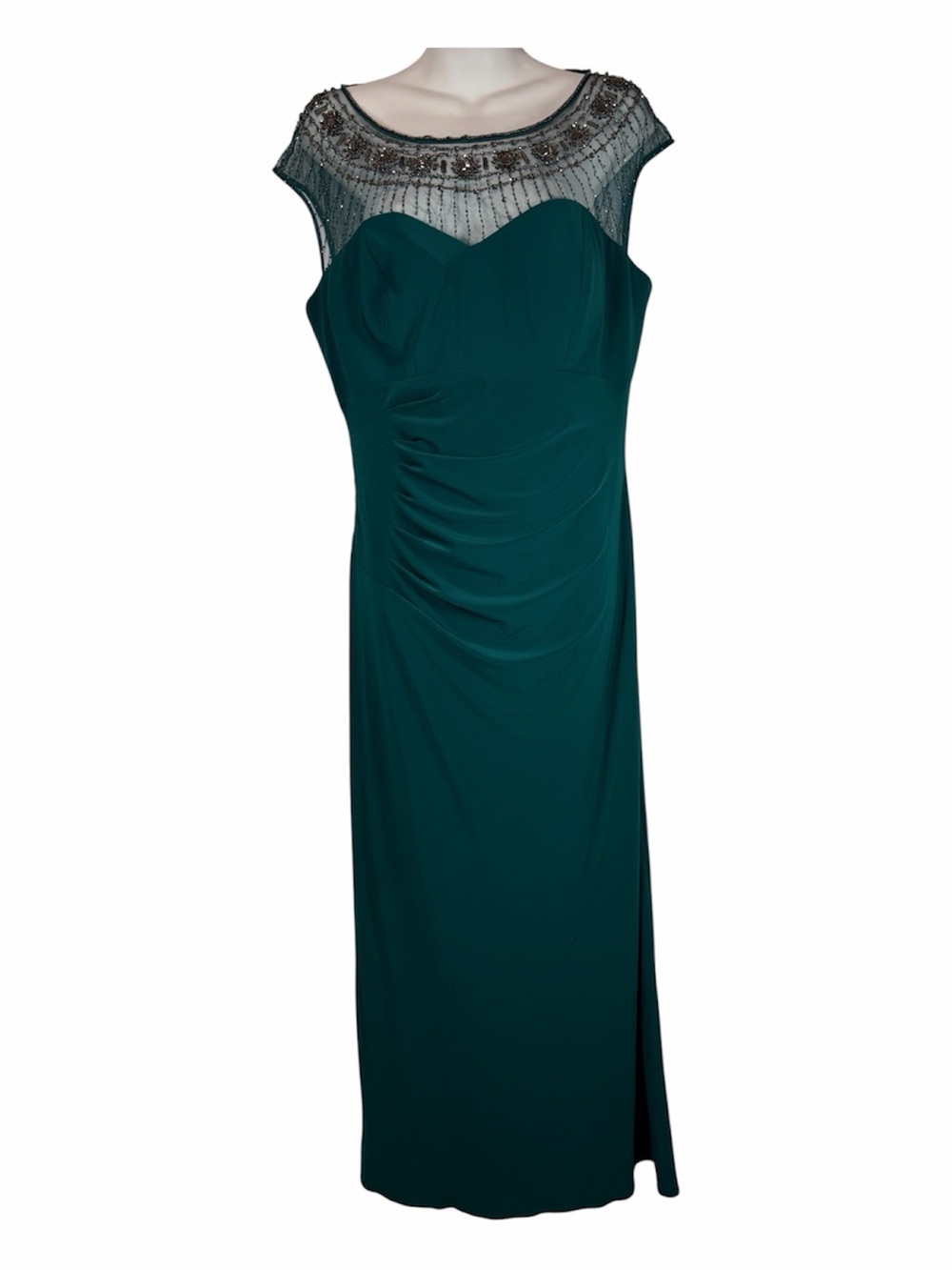 Emerald Green Dress Beaded Illusion Neckline Patra Ruched Formal Evening Gown 14